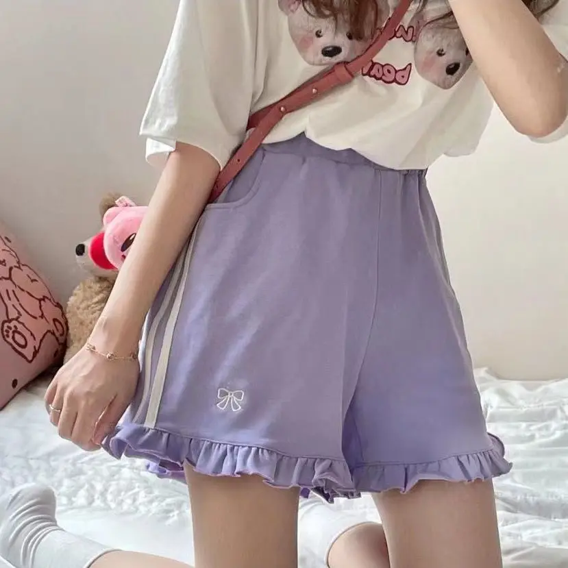 Shorts Kawaii Streetwear Bow Embroidery Elastic High Waist Wide Letg Women Summer Lolita Sweet Cute Ruffle Shorts Femme