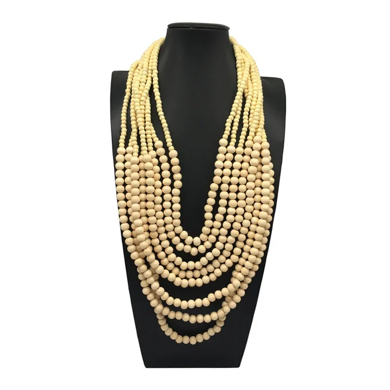 Винтажное богемное многослойное белое круглое деревянное ожерелье из бисера