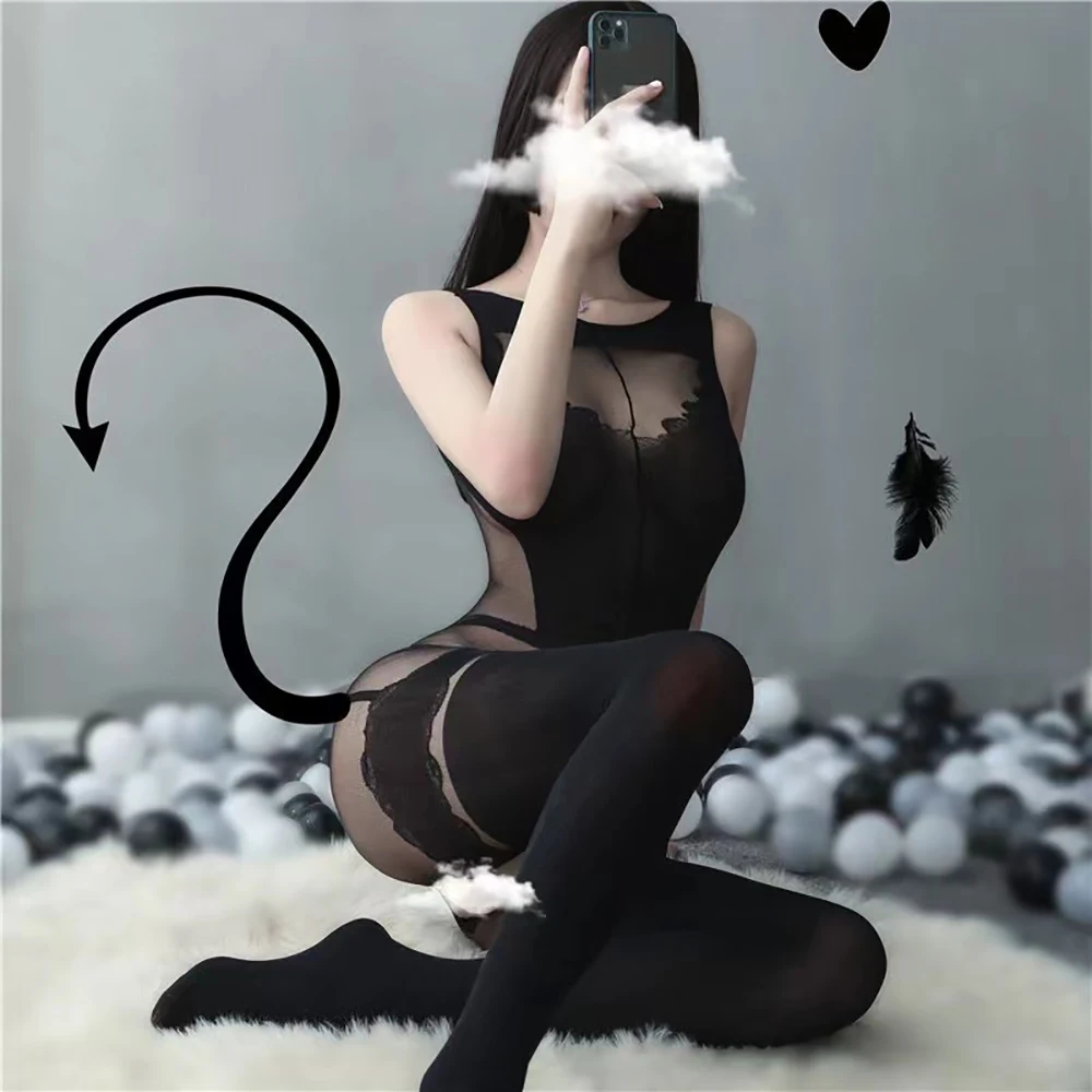 

Erotic lingerie ladies passion suit transparent sexy temptation open file fishnet stockings uniform night blur