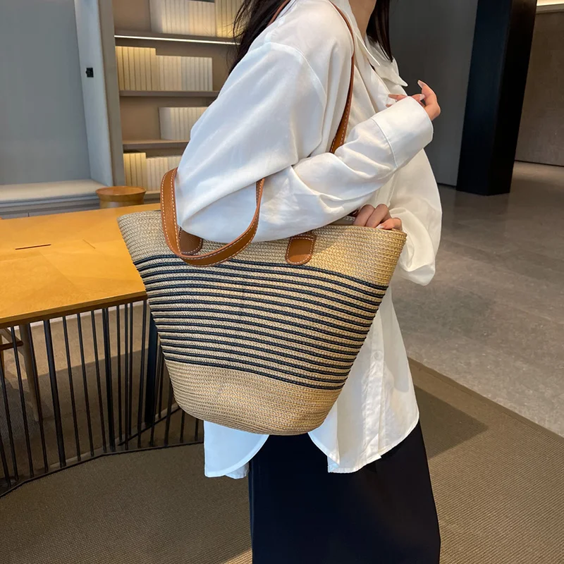 

Vintage Women Straw Big Totes Luxury Designer Handbags And Purses 2023 New Casual Lady Weave Stripe Large Capacity Shoulder Bags