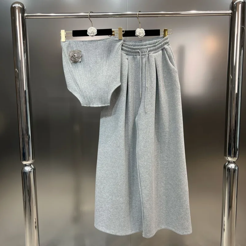 

BORVEMAYS Autumn New Casual Sleeveless Slim 3D Flower Tank Tops + Stretch High Waist Drawstring Wide Leg Pants Two-piece Sets