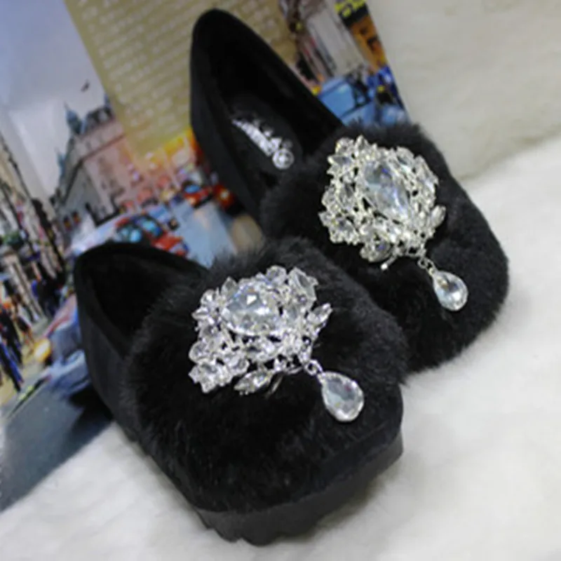 Women Fur Brand Snow Loafers Plush Female Shoes Warm Crystal Flexible Peas Oxfords Ballet Flats