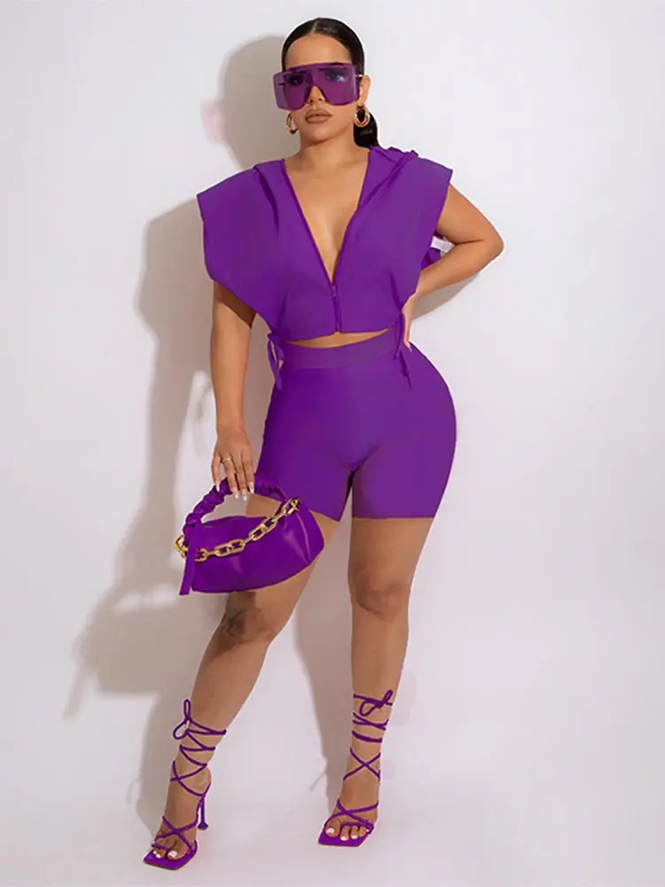 

Summer Two Piece Set Women Tracksuit Solid Side Lace Up Zipper Hooded Vest Crop Top Sheer Mesh Shorts Casual Suit