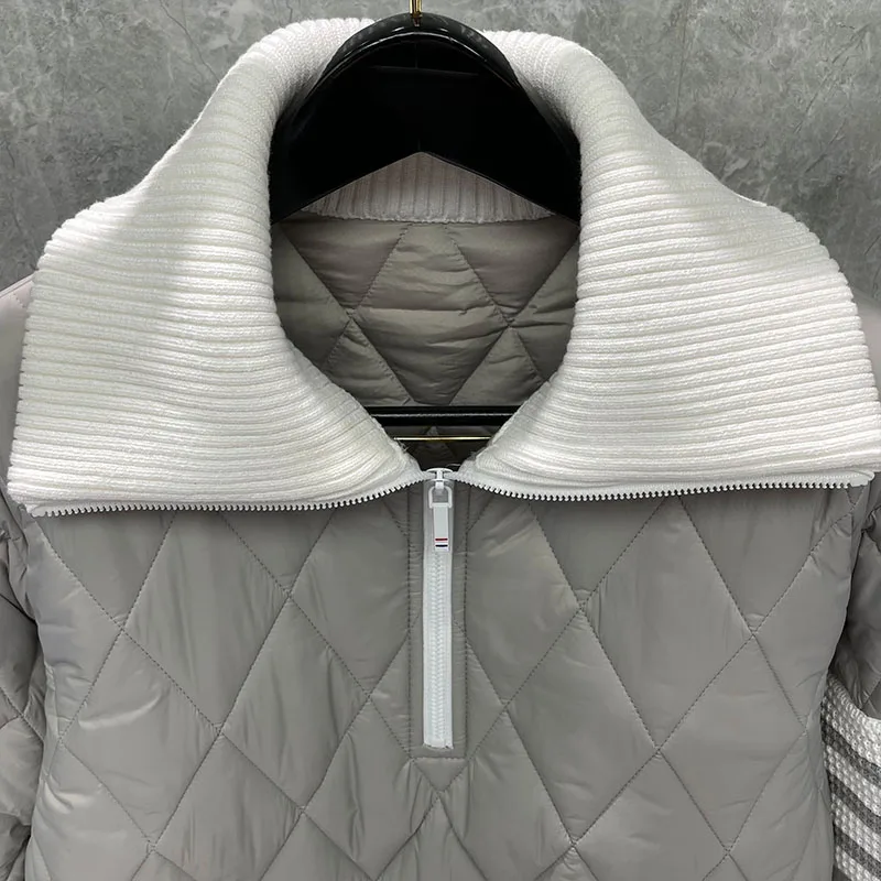 TB THOM Men's Jacket Winter Fashion Brand Coats 4-Bar Stripe Diamond Lattice Turn Down Collar Cotton-Padded Zip Pullover Jackets