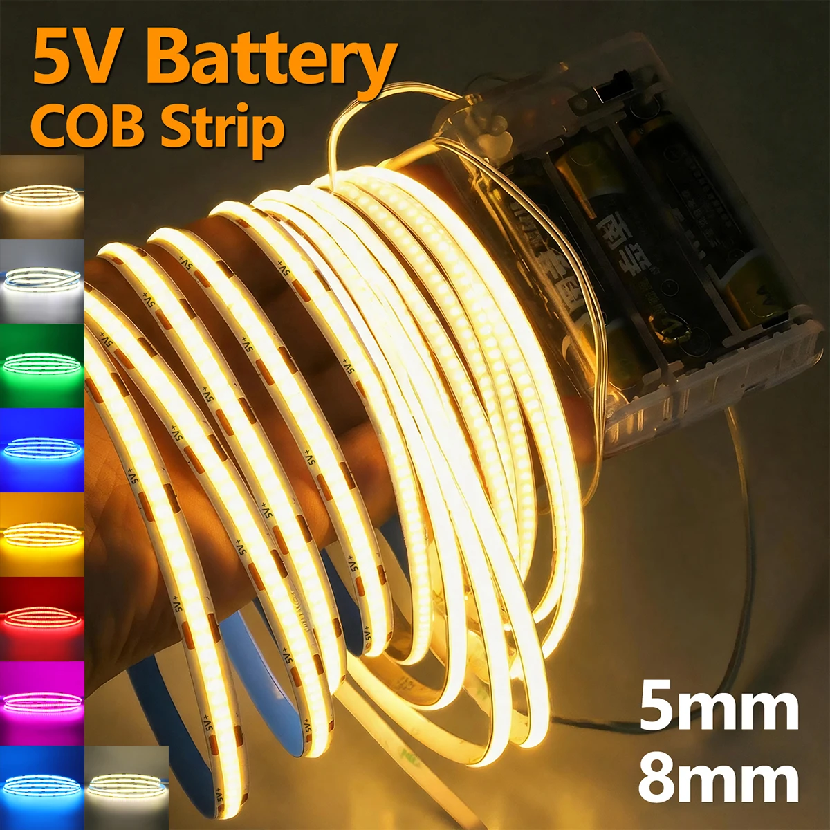 Фото Светодиодная лента COB 5В, 5мм/8мм, на плате PCB, с батарейным отсеком на 3xAA, 320 светодиодов, белая, теплая, красная, синяя, гибкая, яркая, для дома, шкафов, ТВ, фонового освещения, декора №1