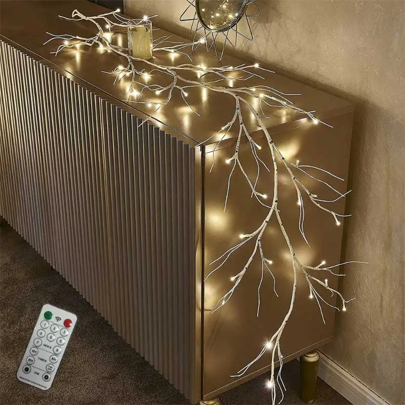 2023 Birch Garland Lights 48 LED Battery Operated - Lighted Twig Vine for Fireplace 8 Modes Decoration Indoor Outdoor Use