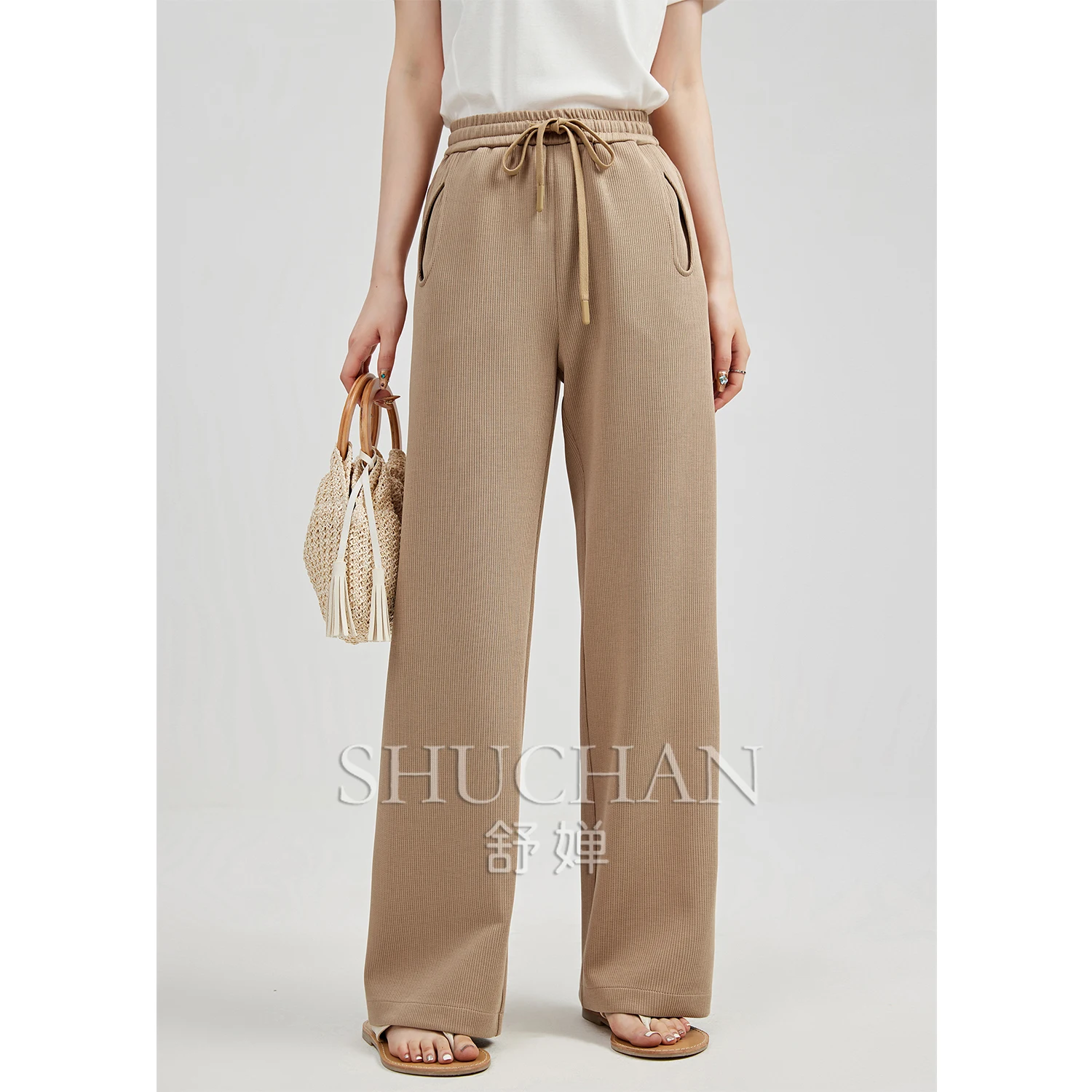 

SHUCHAN 2023 Autumn Pantalones Mujer Verano Cotton Polyester Spandex Lyocell Full Length Casual LOOSE STRAIGHT Pants