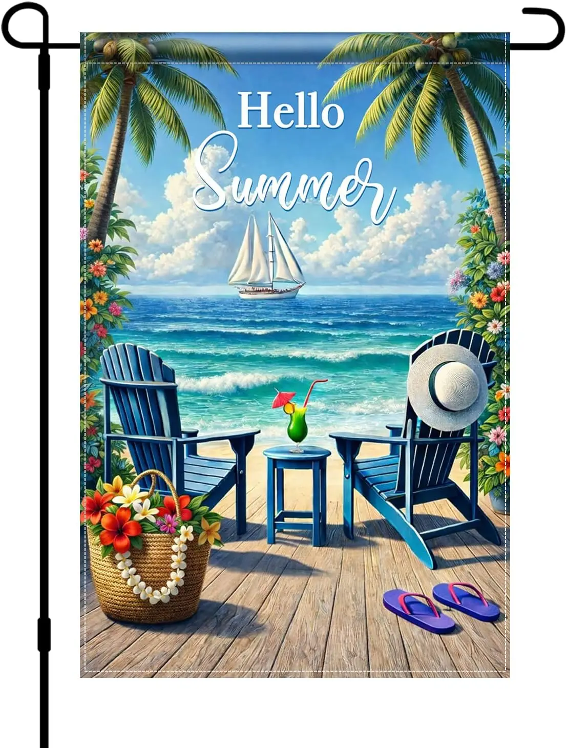Фото Флаг BlissYard Hello Summer Coastal Garden 12x18, двусторонний, вертикальный, для улицы, с видом на пляж, океан, тропический патио, Y AAS №1