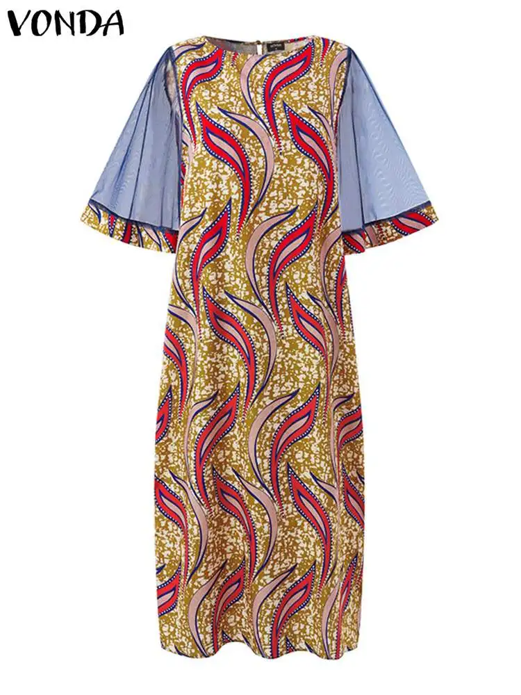 VONDA Plus Size 5XL Women Summer Maxi Dress 2023 Bohemian Half Sleeve O Neck Casual Loose Floral Printed Party Sundress Robe