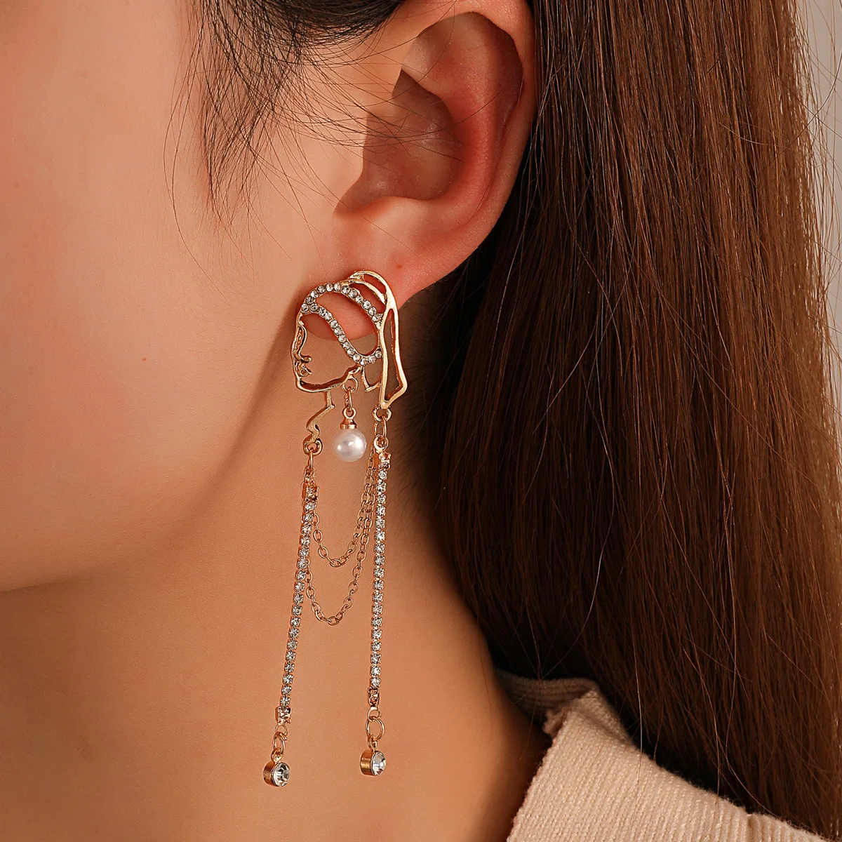 

New Luxury Portrait Long Tassel Tennis Chain Zircon Dangle Earrings for Women Unique Design Girl's Unusual Earring Party Jewelry