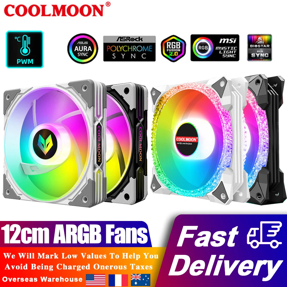 COOLMOON 12cm ARGB Cooling Fan 5V 3-pin PWM Controlled Cooler Fans Water Cooling Colorful Radiator ARGB PC Computer Chassis Fan