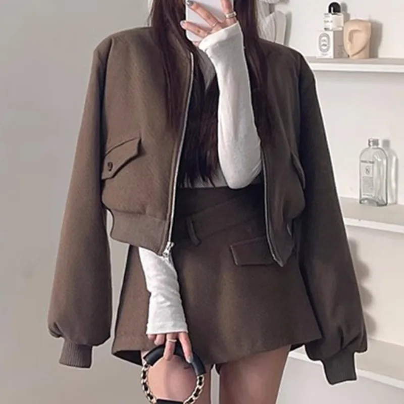 Корейские шикарные женские комплекты 2025 года куртки на молнии с длинными