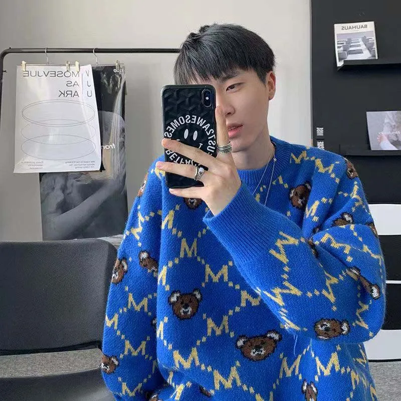 Klein Blue Design Sense Sweater Men's Autumn And Winter Vintage Japanese Lazy High-end Relationship Couple Bear Jacquard Knit