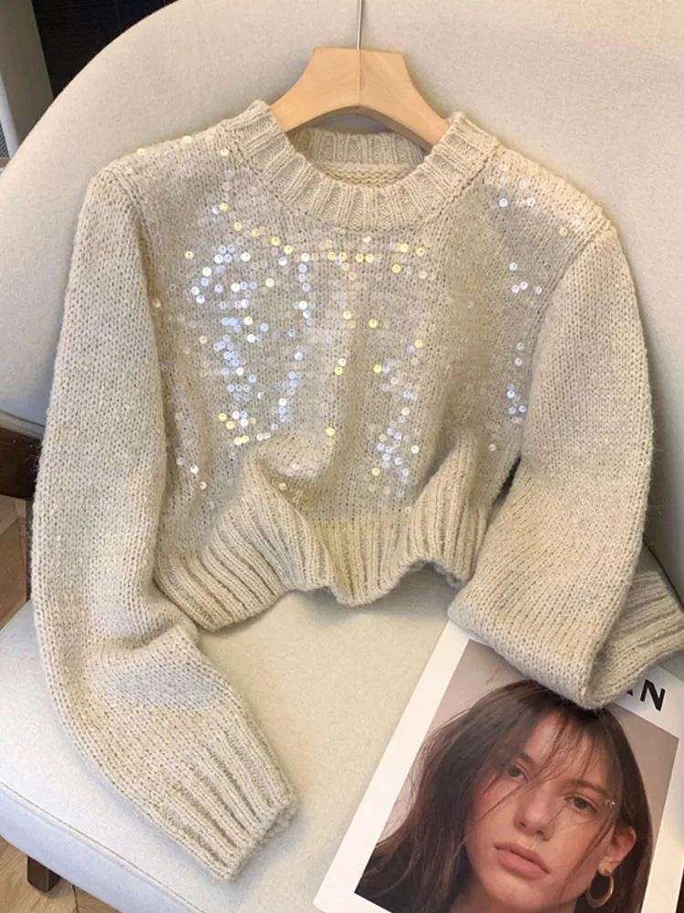 Модные блестящие пуловеры с блестками классический вязаный свитер винтажный
