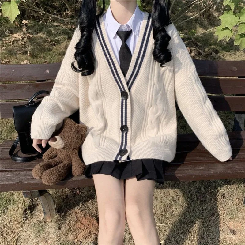 

Deeptown Japanese Style Knitted Cardigan Preppy V-neck Sweater Women Korean Fashion Button Knitwear Oversized Autumn Harajuku