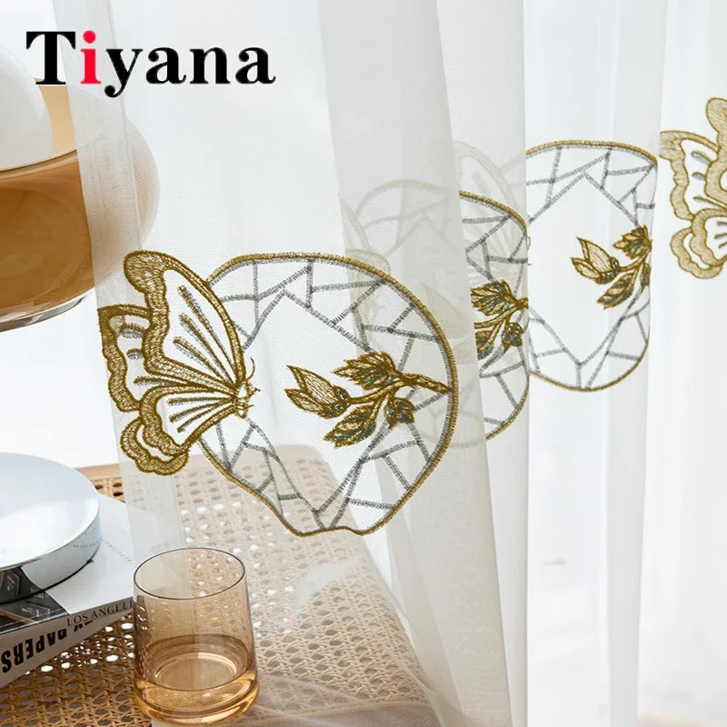 

Chinese Golden Butterfly Velvet Embroidery Living Room Sheer Tulle Curtains For Bedroom Balcony Bay Window Voile Drapes Cortinas