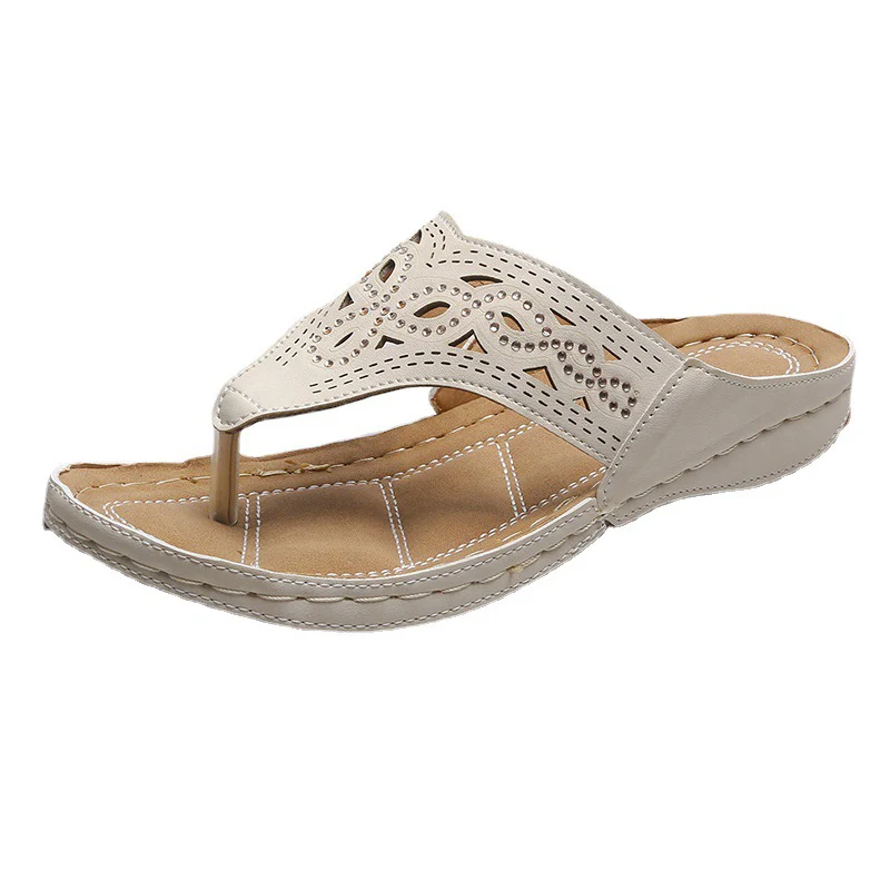 Summer Hollow Rhinestone Slippers Female Open Toe Breathable Slides Platform Flip-flops Outdoor Casual Beach Slippers Plus Size