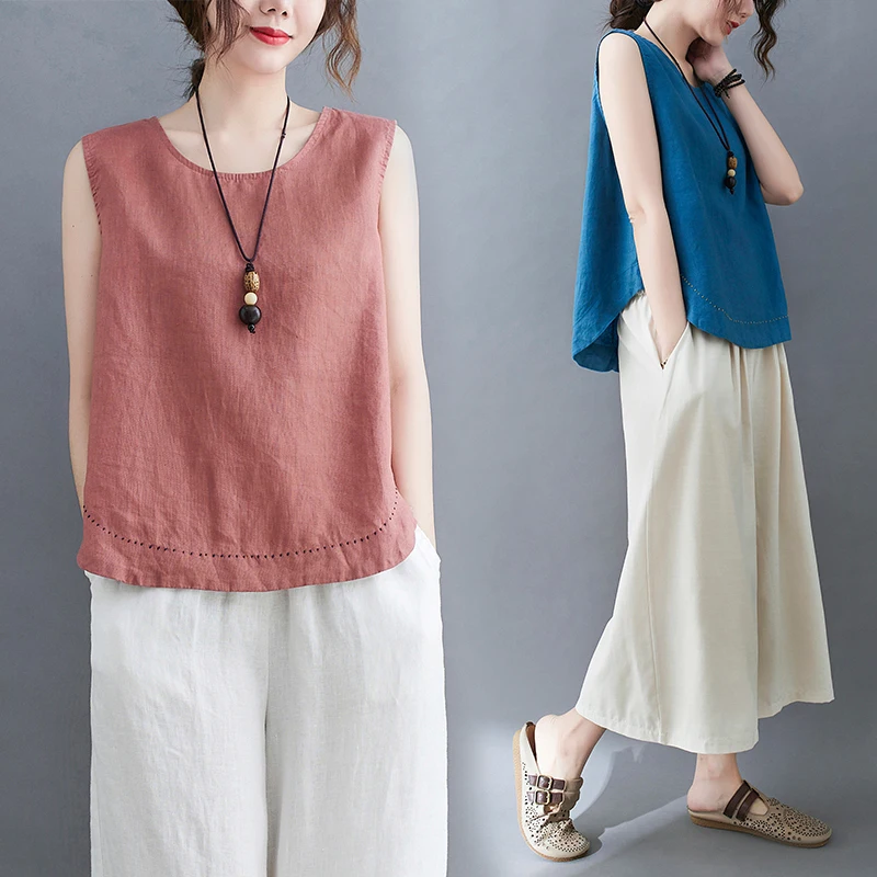 

2022 Summer New Cotton Linen Vest Top Loose Round Neck Sleeveless T-shirt Women