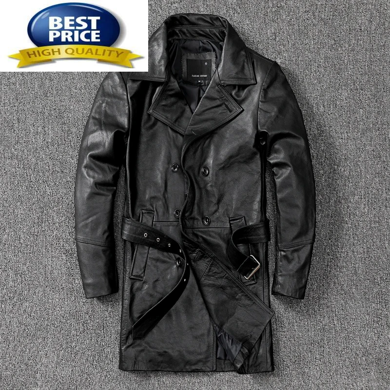 

Мужской тренчкот из натуральной кожи, длинное пальто из овечьей кожи, ветровка для мужчин, Весна-Осень 100%