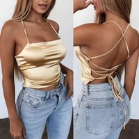 high quality 2020 new fashion women sexy style satin silk backless back bandage vest blouse tops strappy summer beach cami tank