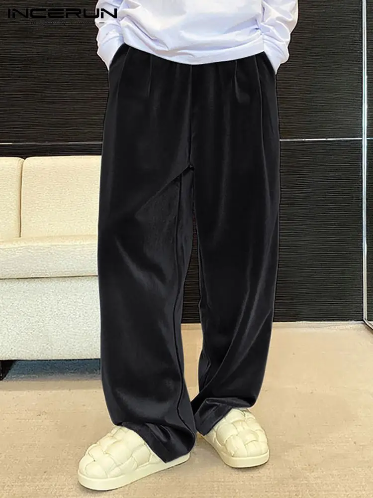 

2022 Men Pants Joggers Solid Color Elastic Waist Loose Pockets Pantalon Velour Streetwear Casual Wide Leg Trousers INCERUN S-5XL