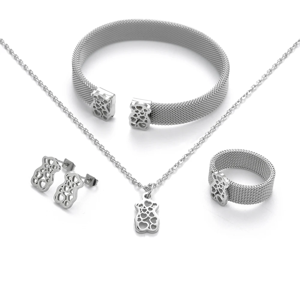 

New Bear Jewelry Set Stainless Steel Mesh Bangles Ring Necklace Bracelet Earrings Wedding Engagement Party Bear Jewelry Gifts