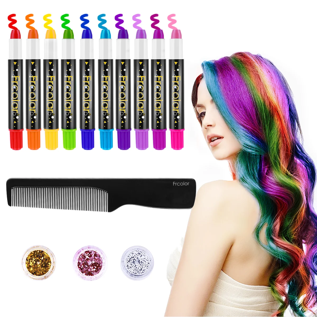 Frcolor Washable 10 Colors Non Temporary Rainbow Hair Dye Hair Chalk Set for DIY Birthday Party