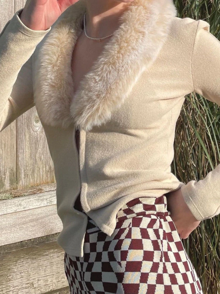 

Fashion Fur Collar Long Sleeve Knitted Cardigan for Women 2022 Autumn Winter Sexy Slim Solid Color Pullovers Y2K Streetwear