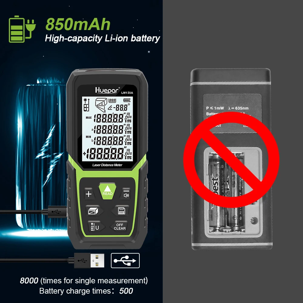 Лазерный дальномер Huepar зеленого света LM120A с литиевой аккумуляторной батареей