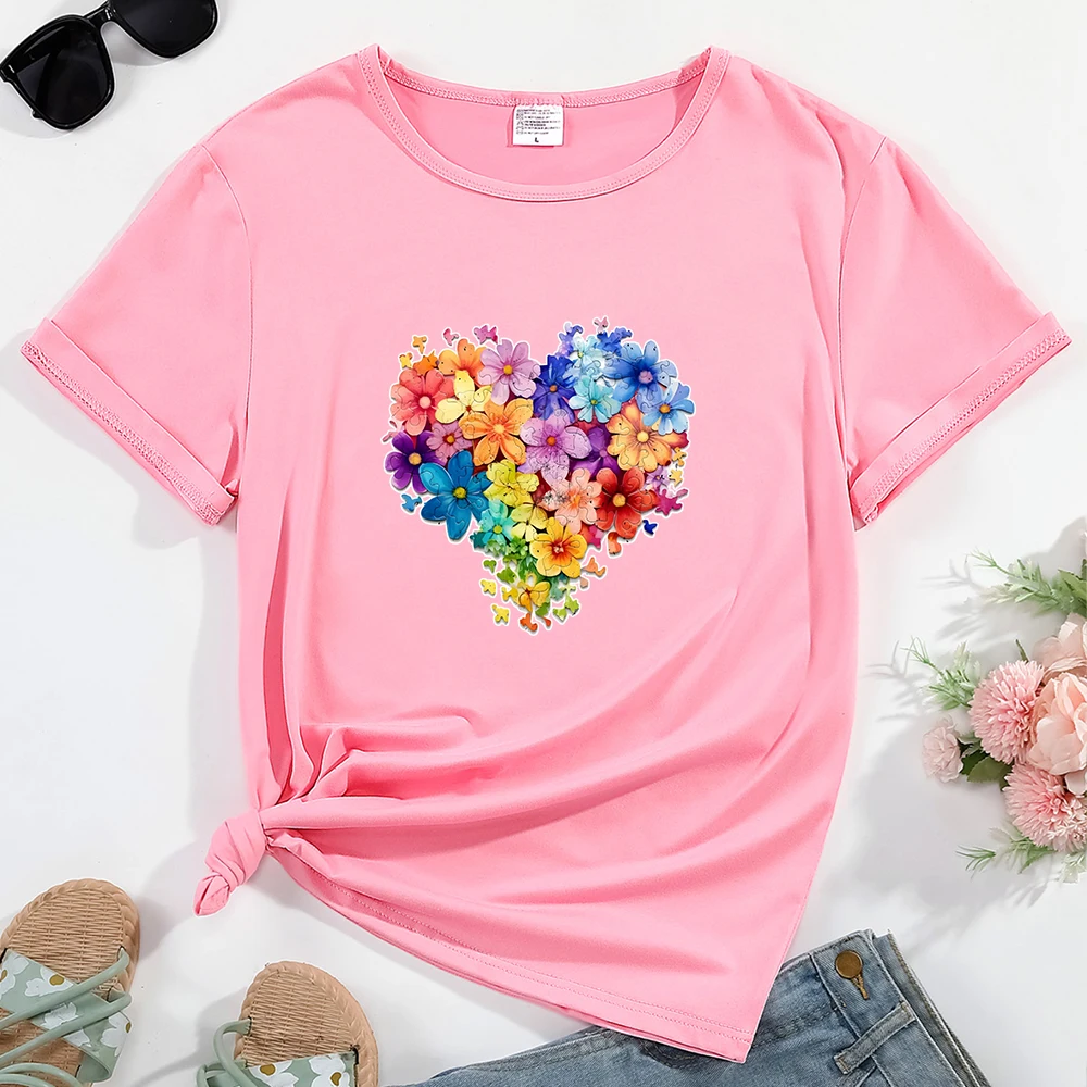 Футболка женская с цветочным принтом и сердечками Повседневная Уличная одежда