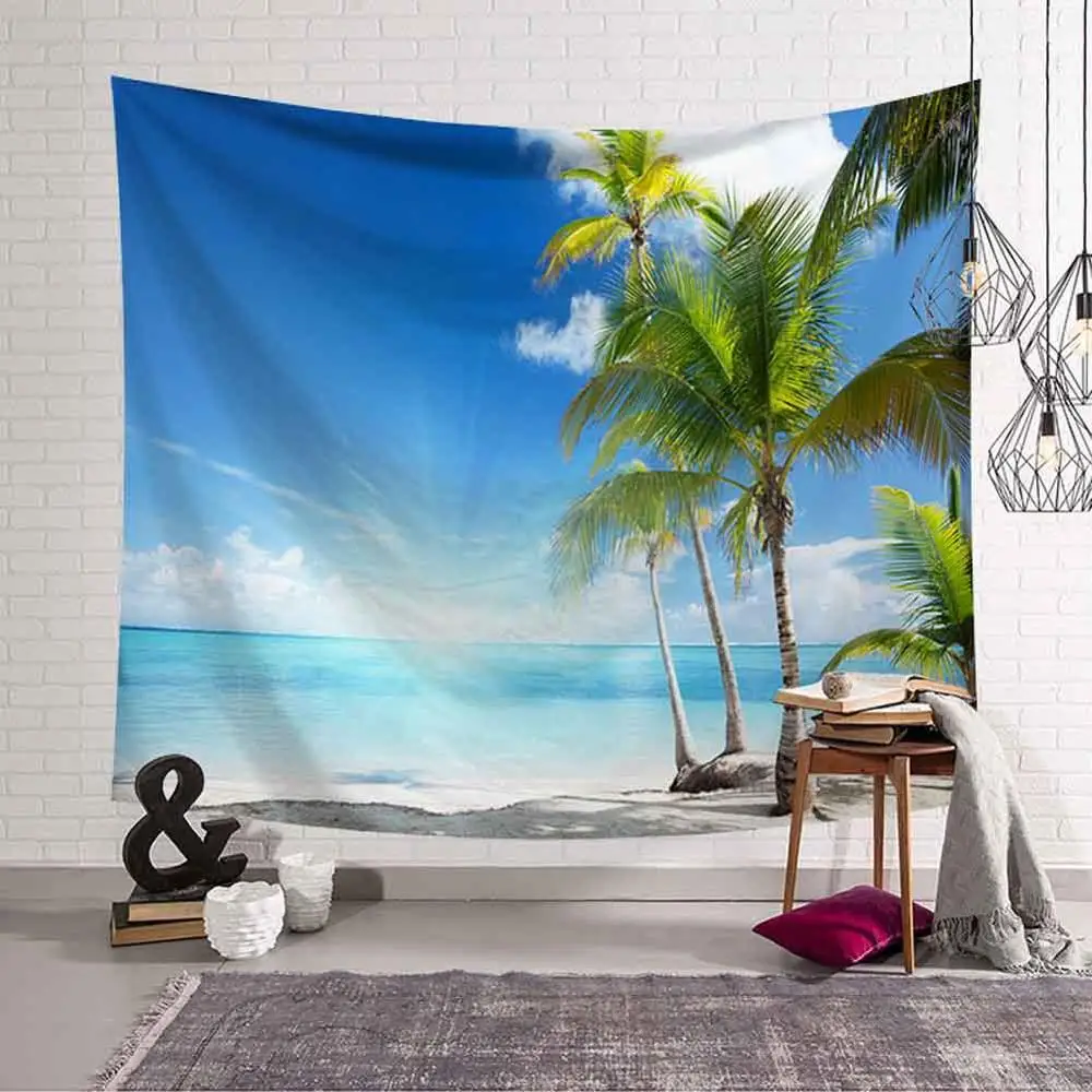 Beach Tropical Palm Tree Leaves Tapestry Wall Hanging Seaside Sunset Landscape Tapestries Yoga Beach Towel/Mat Decor for Home