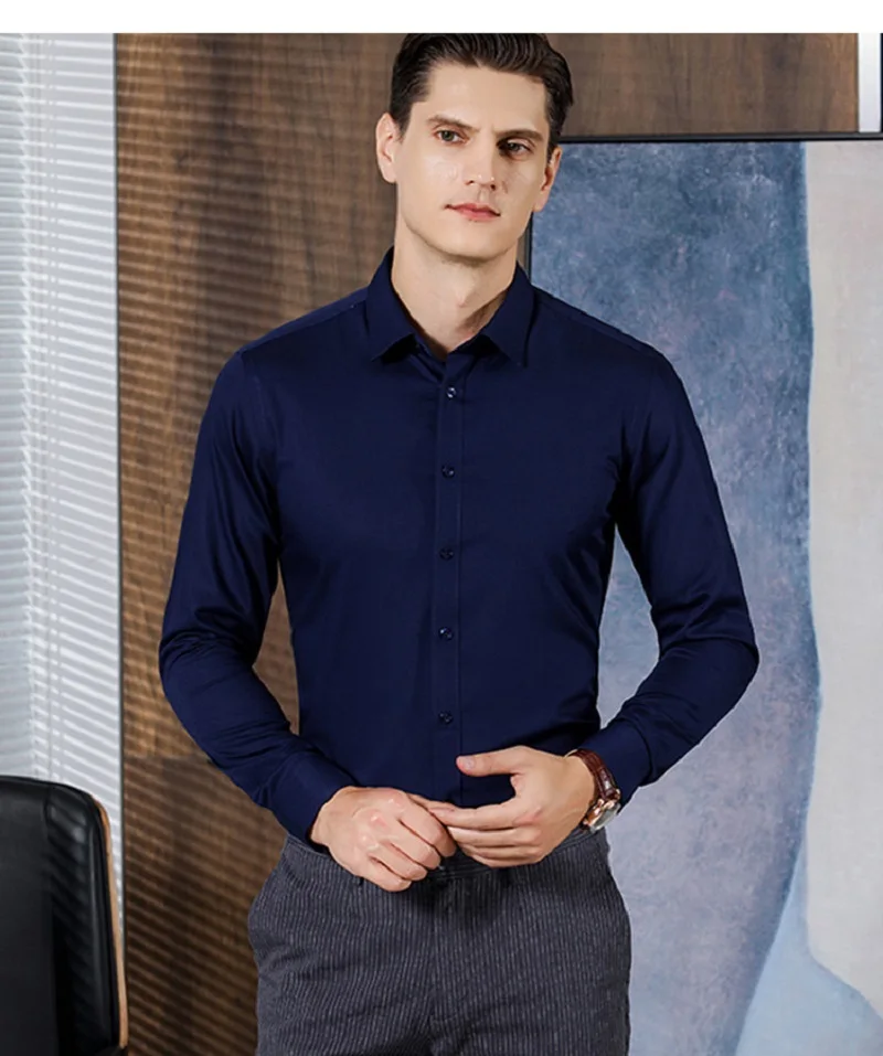 EUOW 2022 New Bamboo Suit Shirts Summer Formal Business Long sleeved Tops Slim Breathable Anti-wrinkle Dress Shirts Men 16 Color
