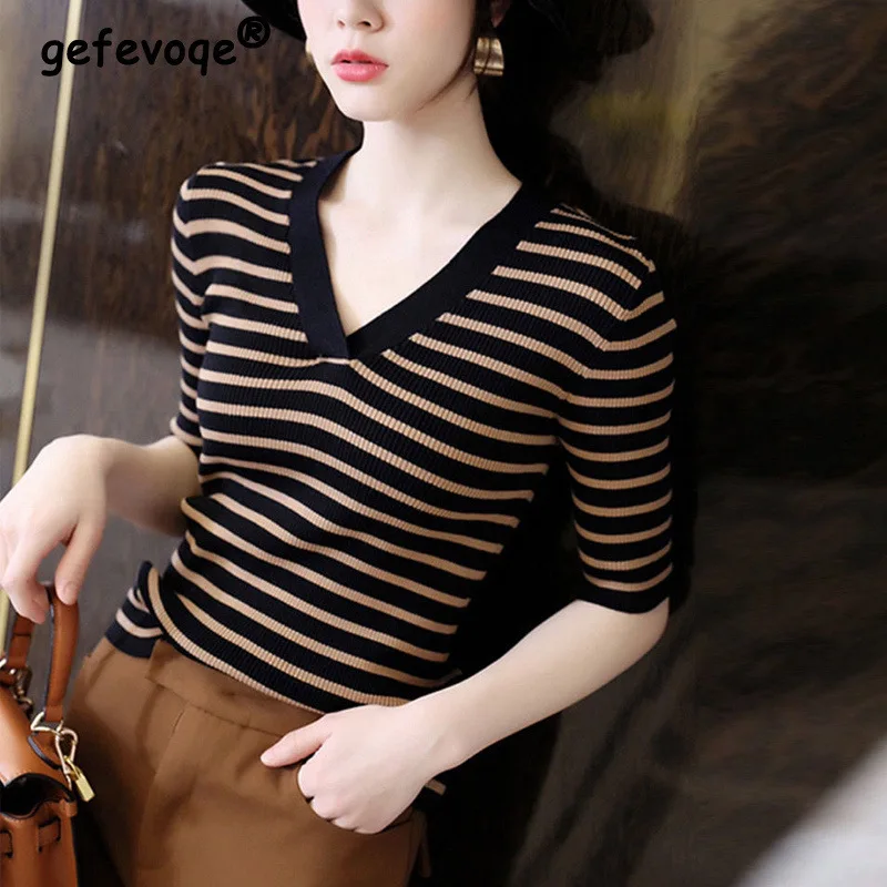 

Summer Autumn Fashion Elegant Striped Short Sleeve Knitted Sweater Casual Simple V-neck Slim Fit Pullover Office Ladies Tops2022