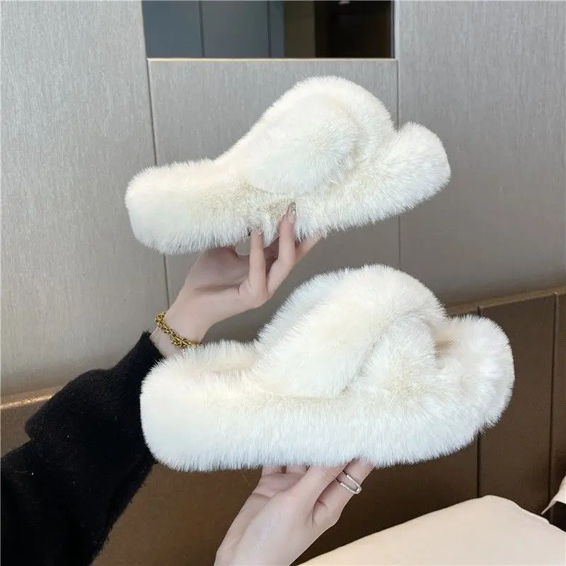 

B917 thick-soled furry shoes platform slippers for women autumn and winter outer wear 2022 new soft-soled comfortable internet c