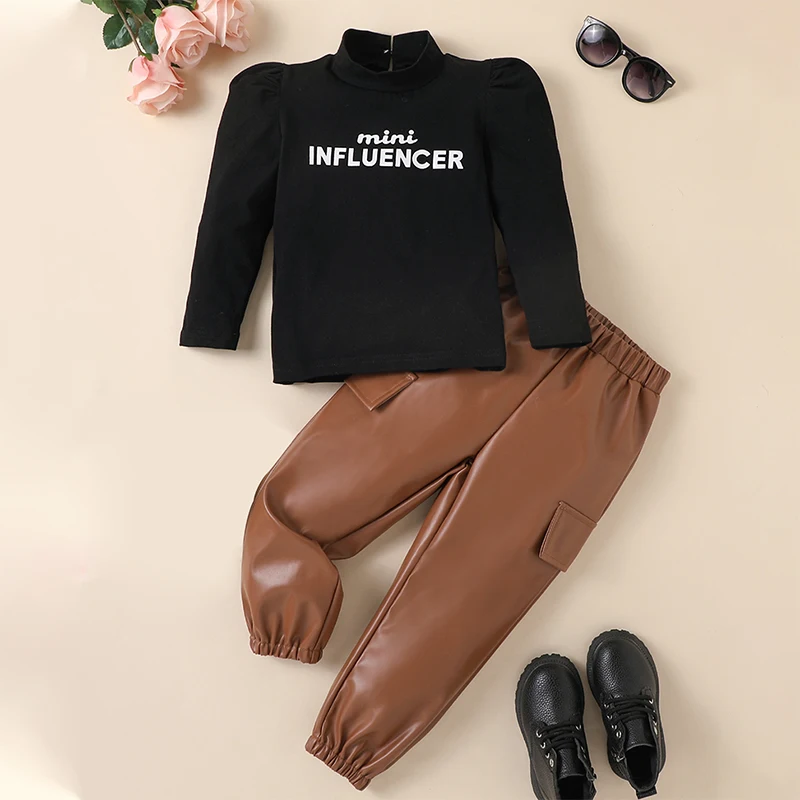 

Kids Girls Fall 2Pcs Outfits Letter Print Long Sleeve High Neck Tops+ Elastic Waist PU Leather Pants Set Children's Clothing
