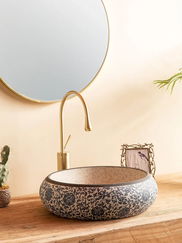 

Retro Chinese Style round Table Wash Basin Art Outdoor Ceramic Basin Balcony Table Basin Bathroom Washbasin