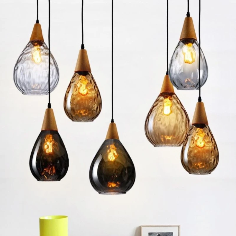 

LED Pendant Lamps Nordic Clear Amber Smoky Gray Glass Single Head Water Pattern Creative Modern Bar Restaurant Lights Chandelier