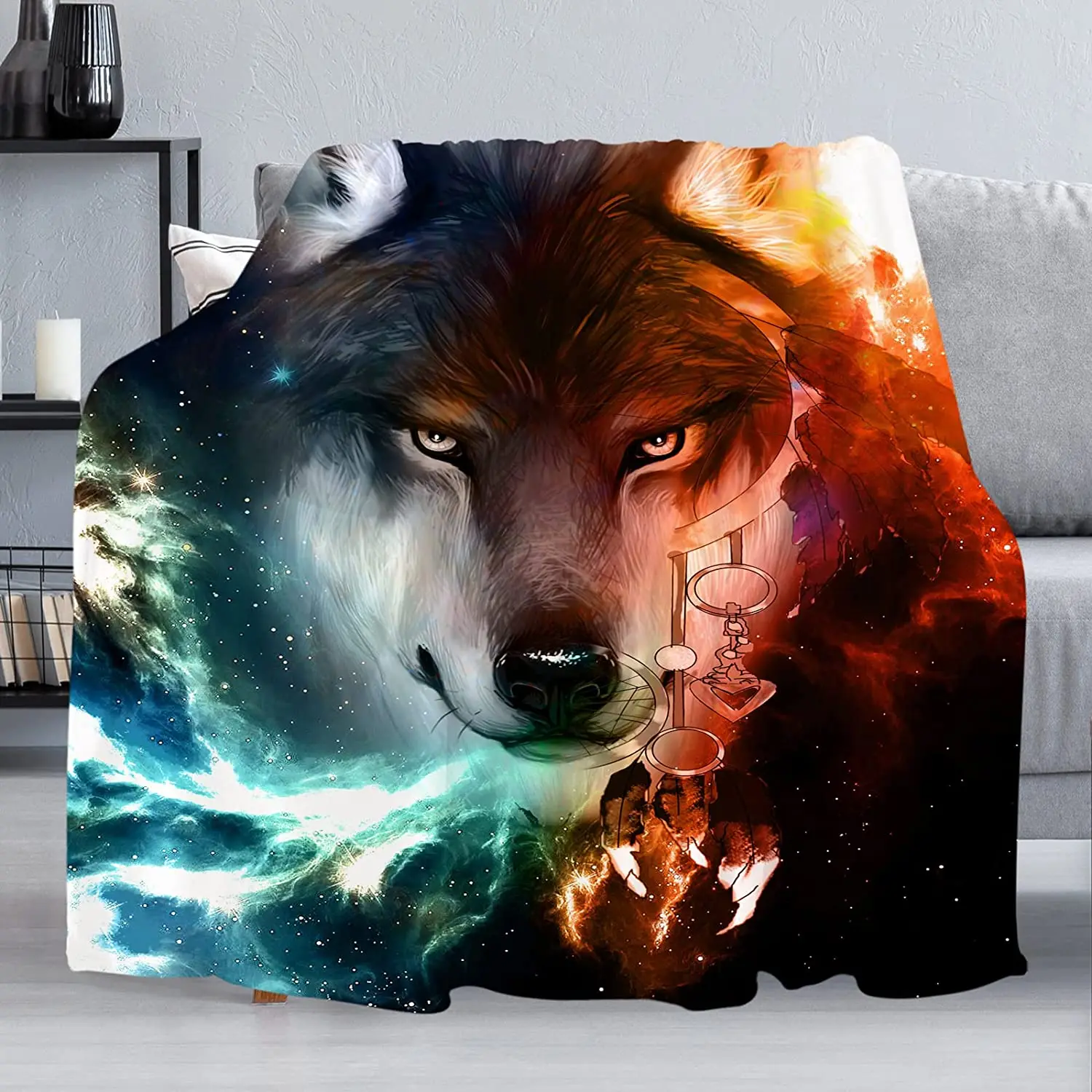 

Dream Catcher Wolf Flannel Fleece Throw Blanket for Sofa Couch Bedroom Bed Throw Blankets Lightweight Fluffy Plush Ultra Cozy