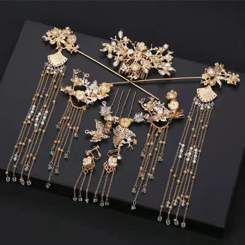 

Traditional Chinese Hairpin Gold Hair Combs Wedding Hair Accessories Headband Stick Headdress Head Jewelry Bridal Headpiece Pin