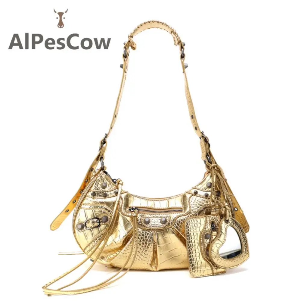 Large Crocodile Pattern New Motorcycle Designer Bags Luxury Three-in-one Rivet Crossbody Bags For Women Crescent Shoulder Bag