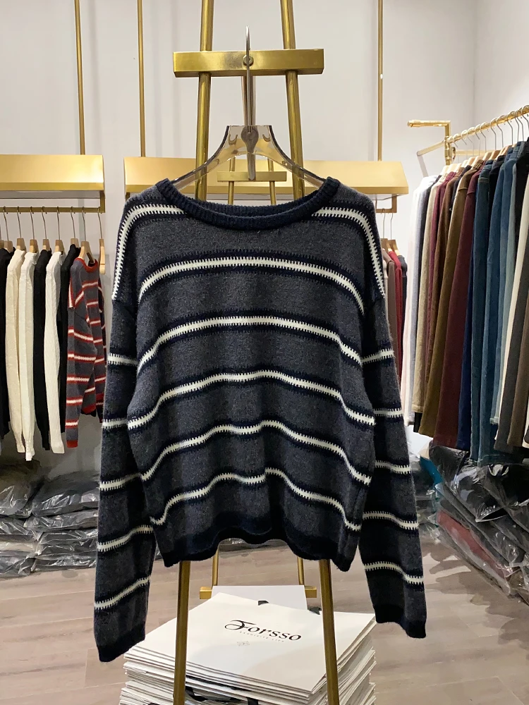 [Xiaoai Stall Real Shot] High-Grade Color Matching round Neck Striped sweater Women Winter Comfortable Soft Glutinous All-Mat...