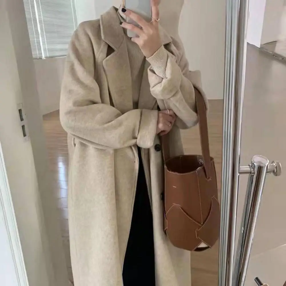 

Popular Women Overcoat Turndown Collar Washable Buttons Belt Woolen Coat Overcoat Temperament Women Woolen Coat Streetwear