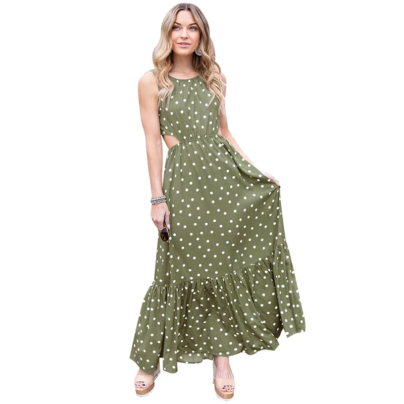 

Ruffle Maxi Dresses Women Sleeveless Back Lace Up Bow Robes Fashion Polka Dot Print Sexy Elegant Beach Style Long Dress Vestidos
