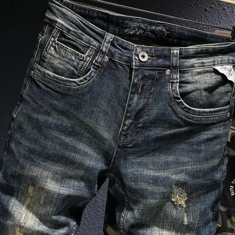 Italian Style Fashion Men Jeans Retro Black Blue Stretch Slim Ripped Jeans Men Embroidery Designer Vintage Denim Pants Hombre