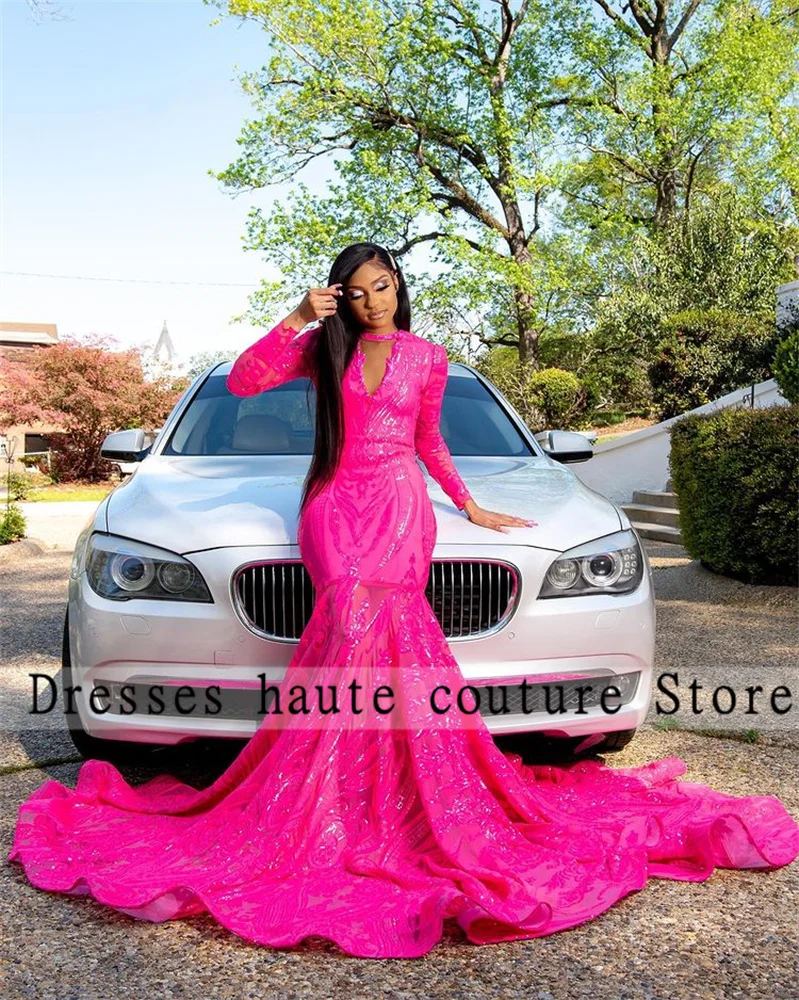 Pink Sequin Ruffles Mermaid Prom Dresses 2022 luxury gowns African Black Girls...