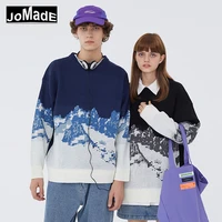 unisex couple sweater snow mountain print sweater loose round neck knit casual top 2022 spring cotton warm sweater knitted