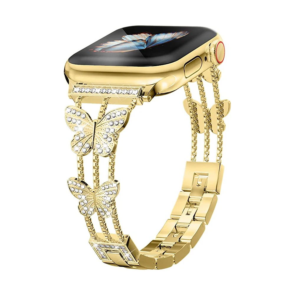Xasiy Compatible With Apple Watch Strap 38mm 40mm 41mm 42mm 44mm 45mm 49mm Vrystal Sparkly Butterfly Girls Jewelry Metal Band