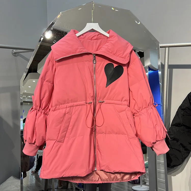 

Winter 2022 New Women's Down Jacket Lapel Drawstring Waist Jacket Fashion Long Sleeve Solid Color Warm Coat F838