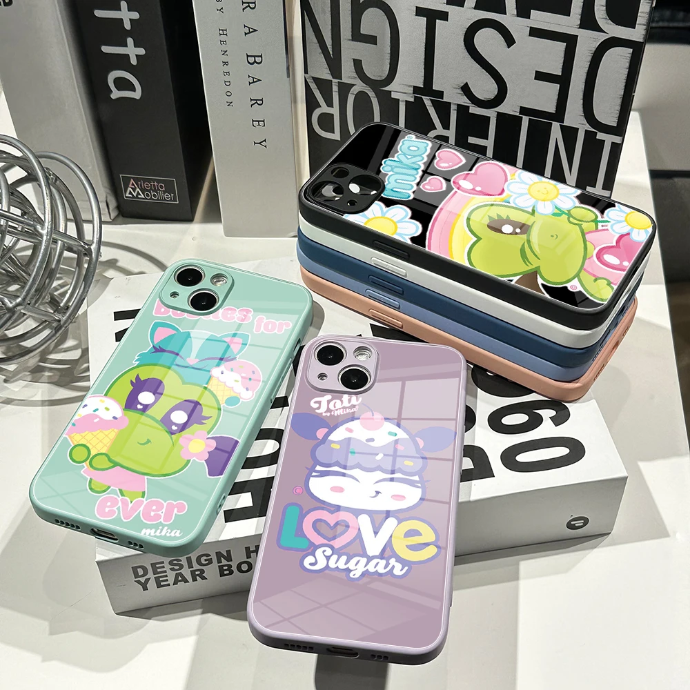For Iphone 14 INS Lovely Mika Sugar Phone Case Glass 14 13Pro Plus X 13 Pro MAX XR XS MINI Stained Glass Covers