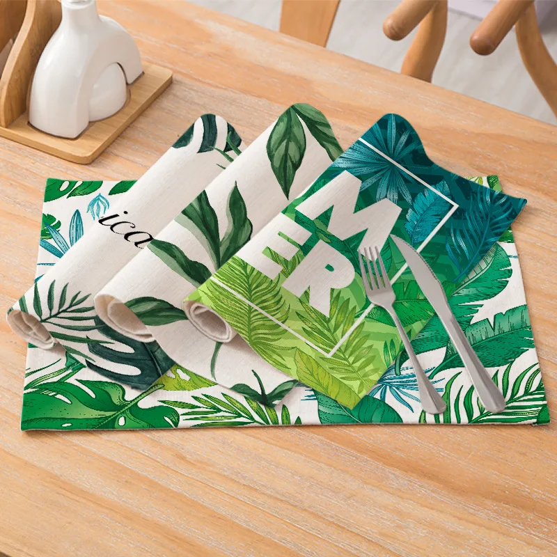 

2023 New Small Fresh Plant Placemat Cotton and Hemp Printed Placemat Kitchen Table Mat Rectangular Heat Insulation Table Mat
